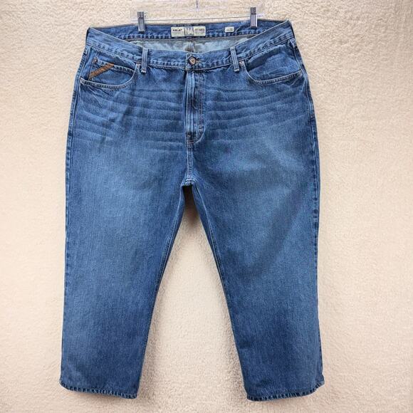 Ariat Legacy M4 Relaxed Boot Cut Blue Jeans Mens 44 x 30 Whiskering Classic Logo - Picture 1 of 14